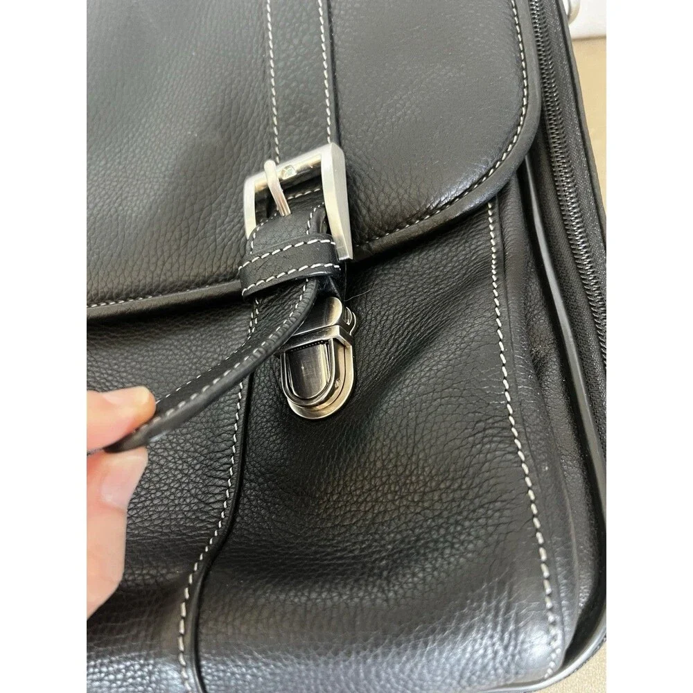 Johnston & Murphy Leather Flapover Briefcase Black Laptop Messenger Bag Shoulder